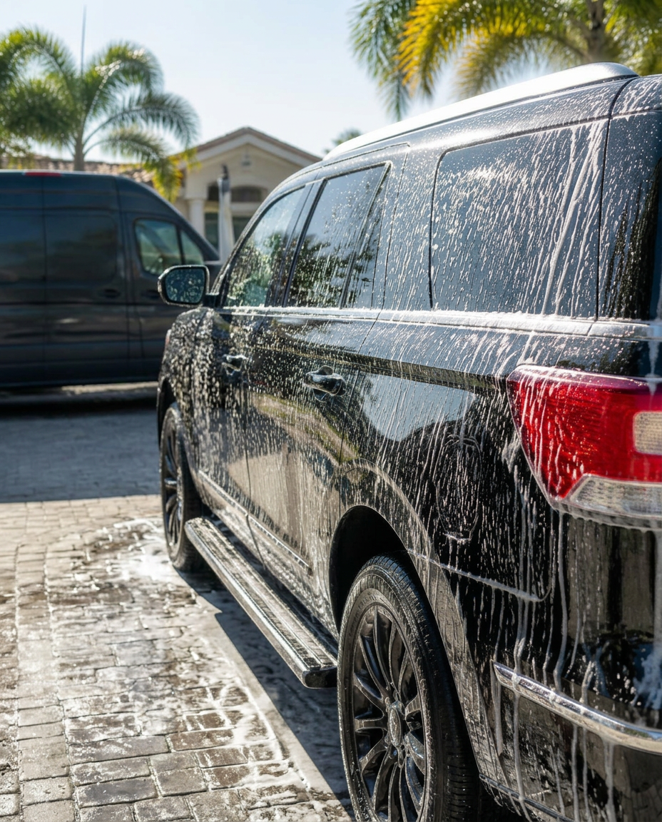Four Wheel Spa detailer washing a customer's SUV in their driveway